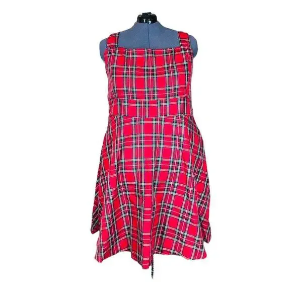 red plaid fit and flare dress SSYS The Everly Scallop Trim Puff Sleeve Shift Dress In Red Plaid main image 0
